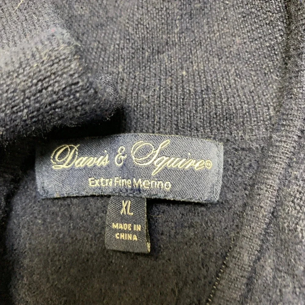 Davis & Squire Sweater Mens XL Navy Blue Extra Fine Merino Quarter Zip Mock Neck